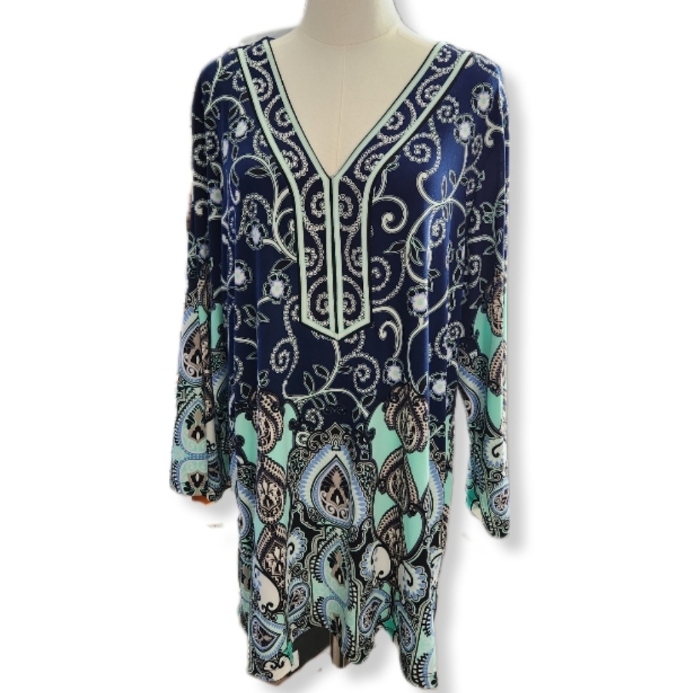 JM Collection Blue Long Sleeve Tunic with Graphic Print Relaxed Style 3X